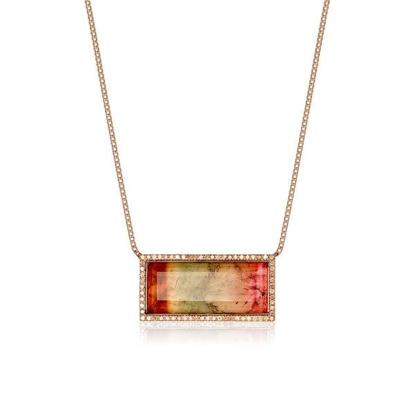 One of a kind banded tourmaline and champagne diamond east-west rectangular pendant necklace in 18k rose gold<span class='visuallyhidden'>; shop help at 760-978-9297.</span>
